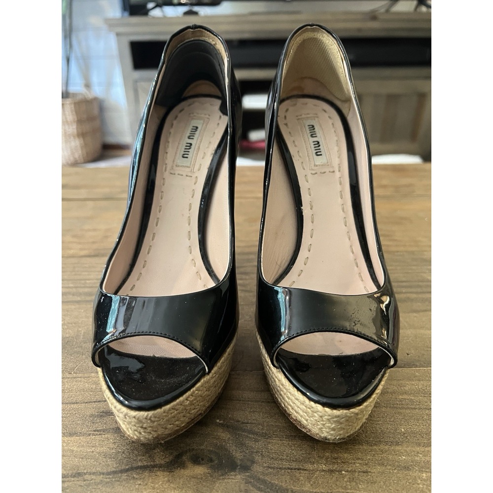 Miu Miu Black Patent Leather Peep Toe Platform Espadrille Heels Pumps 37.5 7.5